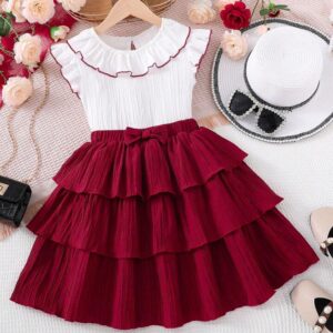 Maroon color skirt & white color top set for girls